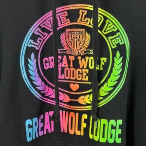 Great Wolf Lodge Mens XL Black Hoodie Rainbow Logo Live Love Sweatshirt